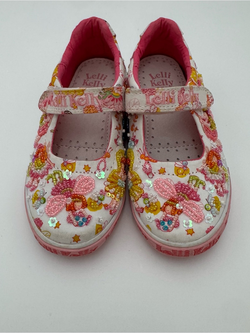 Lelli Kelly Girls Size 27 Beaded Fairy Mary Jane Shoes Pink White Hook Loop